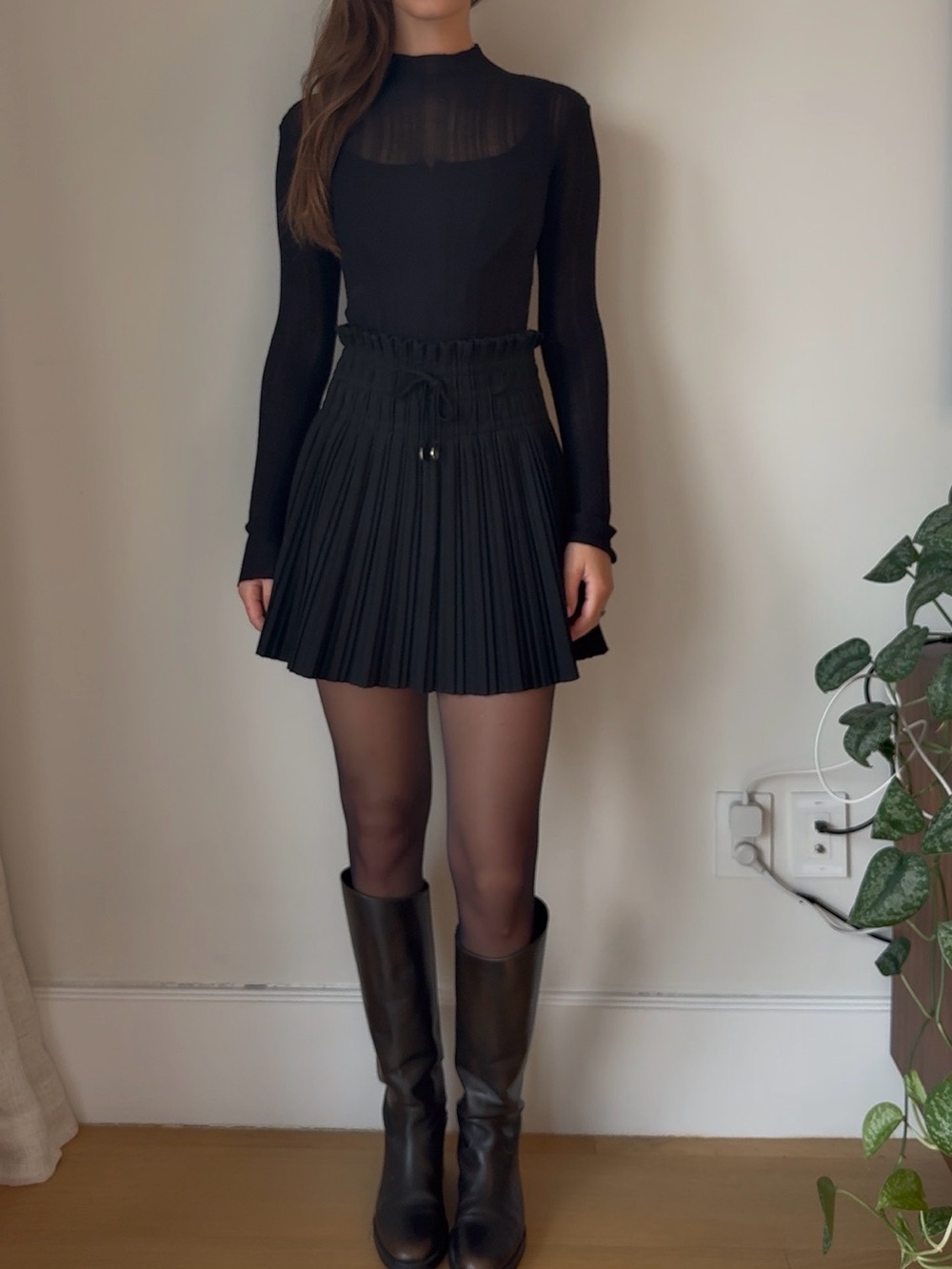 Black Pleated Mini Skirt with Drawstring